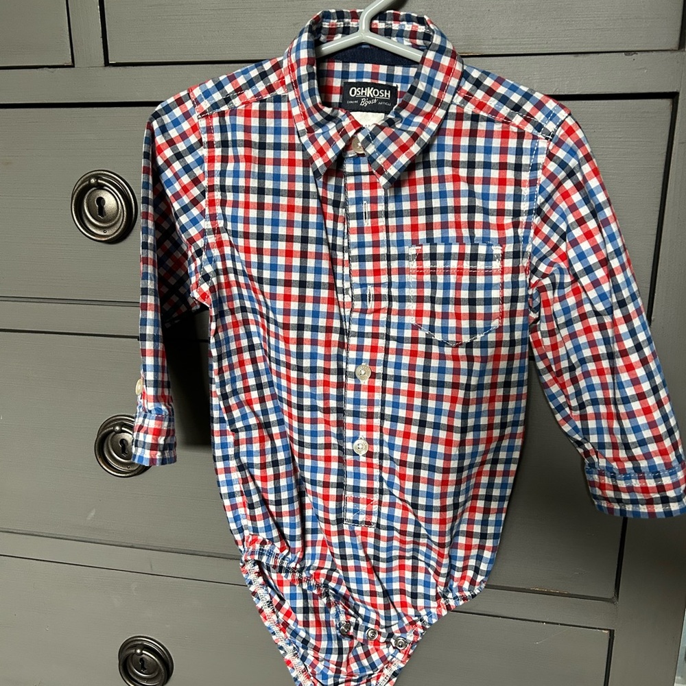 Red, white, and blue plaid Oshkosh B’gosh button up.